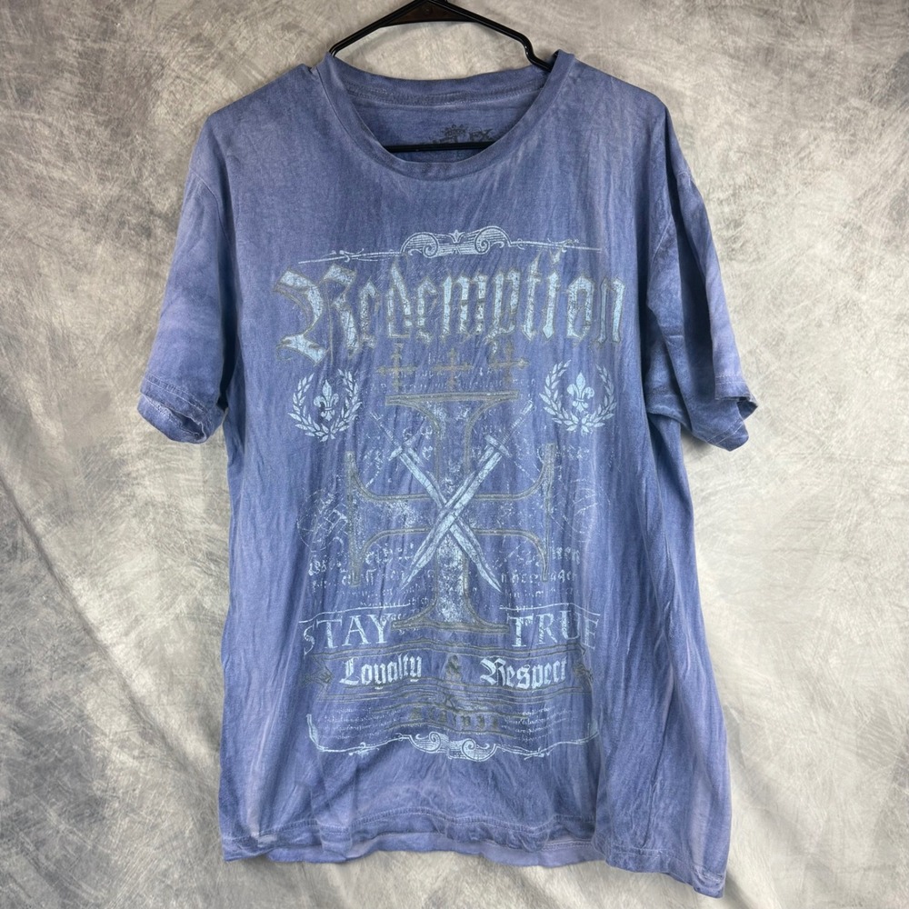 Helix Redemption Graphic Tee Blue Acid Wash Grunge Sword Shirt Large
